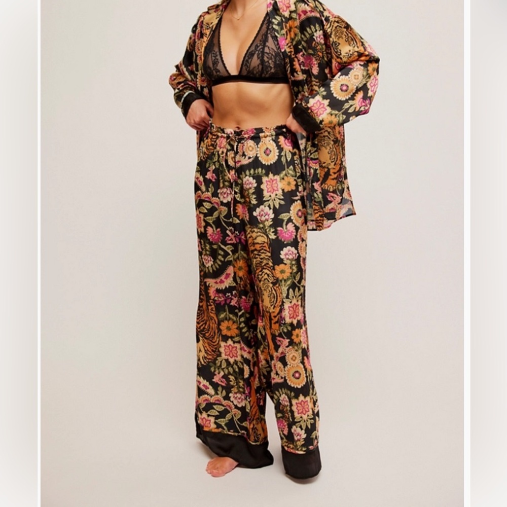 Free People Floral Animal Black and Pink Pajama Bottoms